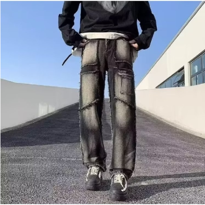 Frayed Hem Design Solid Color Loose Cargo Jeans