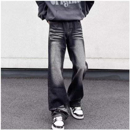 Solid Color High Street Washed Loose Casual Jeans